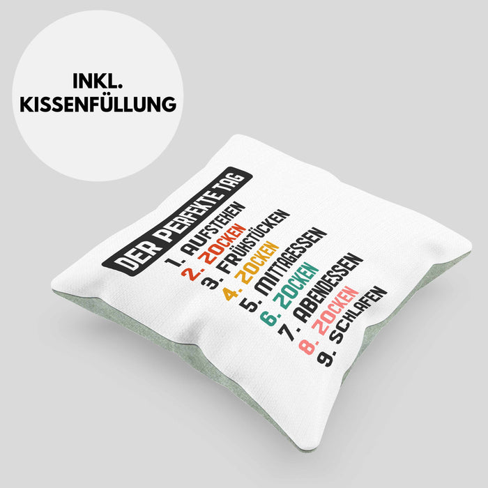 Zocker Gamer Kissen mit Füllung 40x40 mit Spruch Geschenk Junge Jungs Gaming Der Perfekte Tag (Grau) Grün Trendation