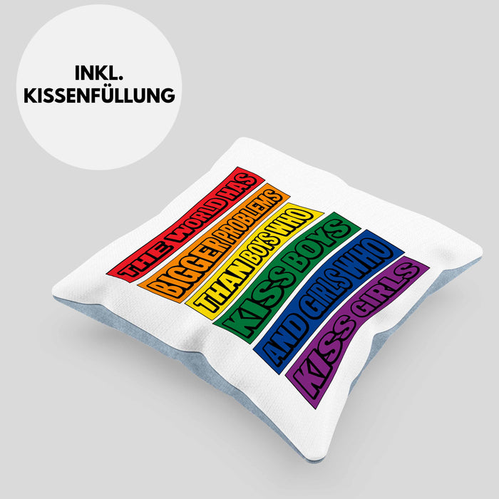 LGBTQ Kissen mit Füllung 40x40 Geschenk Schwule Lesben Geschenkidee The World Has Bigger Problems Gender Equality Häferl (Grau) Blau Trendation