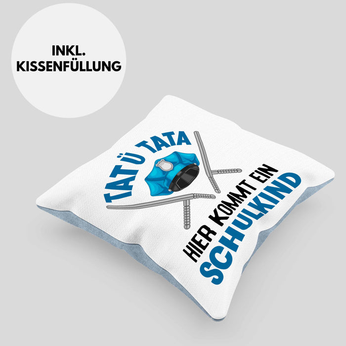 Einschulung Junge Tatü Tata Schulkind Geschenk für Schultüte Füllung Kissen mit Füllung 40x40 Schulstart 1. Schultag Schuleinführung Schulanfang Geschenkidee 2024 (Grau) Blau Trendation