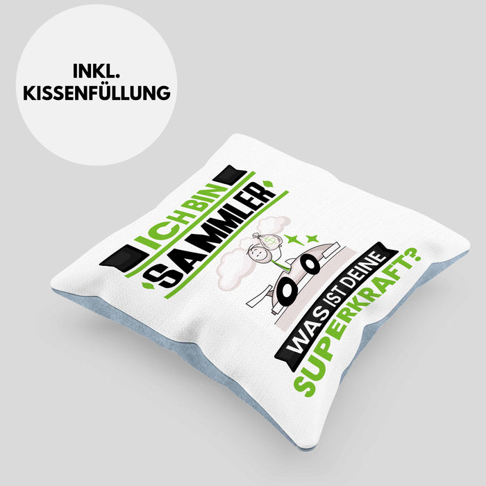 Sammler Kissen mit Füllung 40x40 Geschenk für Sammler Geburtstag Lustiger Spruch Was Ist Deine Superkraft (Grau) Blau Trendation