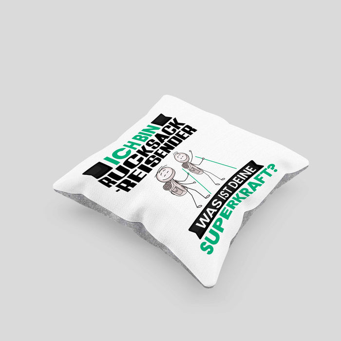 Rucksackreisender Kissen mit Füllung 40x40 Geschenk für Rucksackreisender Geburtstag Lustiger Spruch Was Ist Deine Superkraft (Grau) Grau Trendation