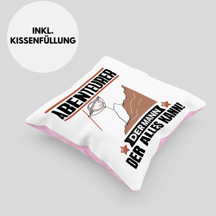 Abenteurer Kissen mit Füllung 40x40 Geschenk für Abenteurer Der Mann Der Alles Kann Geschenkidee zum Geburtstag (Grau) Rosa Trendation