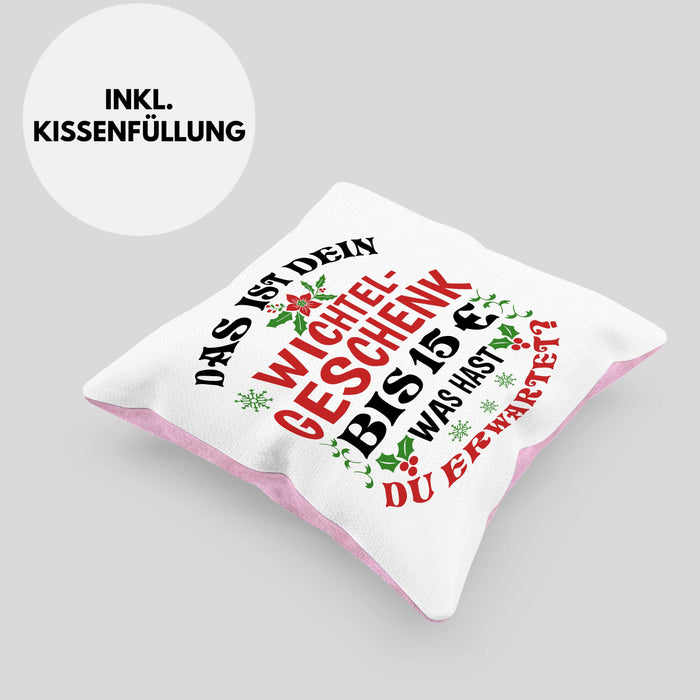 Wichtelgeschenk für 15 Euro Kissen mit Füllung 40x40 Wichteln für Frauen Kollegen Wichtel-Kissen mit Füllung 40x40 Das Ist Dein Wichtelgeschenk bis 15€ Was Hast du Erwartet Schrottwichteln (Grau) Rosa Trendation
