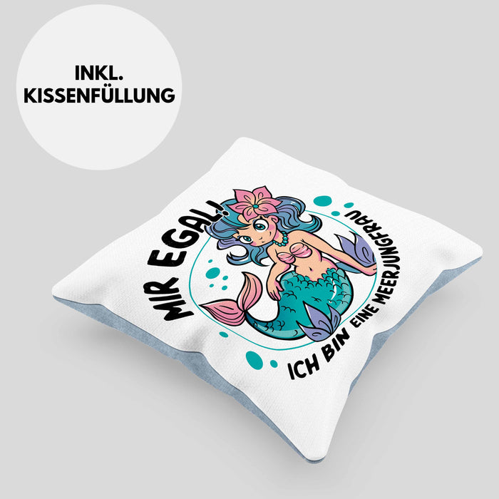 Meerjungfrau Geschenk Kissen mit Füllung 40x40 für Mädchen Nymphe Nixe Grafik Mir Egal Ich Bin Eine Meerjungfrau (Grau) Blau Trendation
