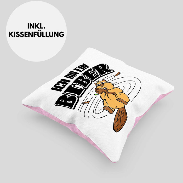 Bieber Kissen mit Füllung 40x40 Biebermotiv Geschenk Tierwohlhaber (Grau) Rosa Trendation