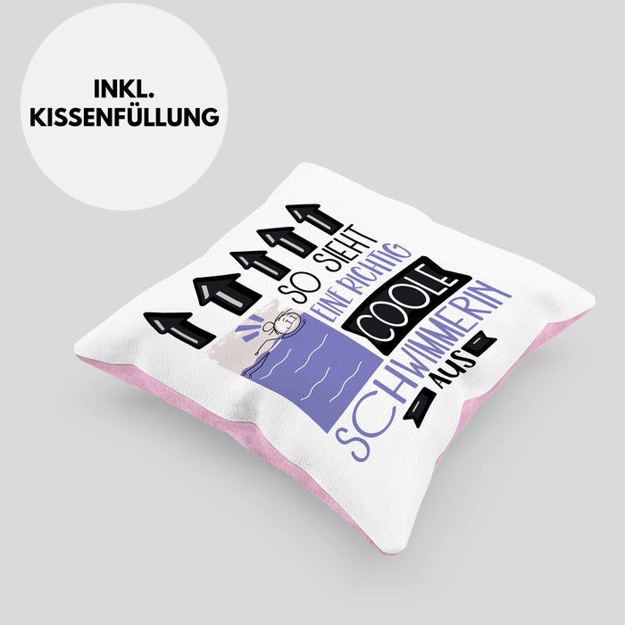 Schwimmerin Geschenk Kissen mit Füllung 40x40 Lustig Geschenkidee für Schwimmerin Geburtstag So Sieht Eine Richtig Coole Schwimmerin Aus Frauen Spruch (Grau) Rosa Trendation