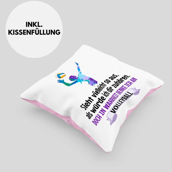 Volleyball Geschenk Kissen mit Füllung 40x40 Coach Herren Mädchen Kaffee Zubehör Volleyball-Spieler Spielerin (Grau) Rosa Trendation