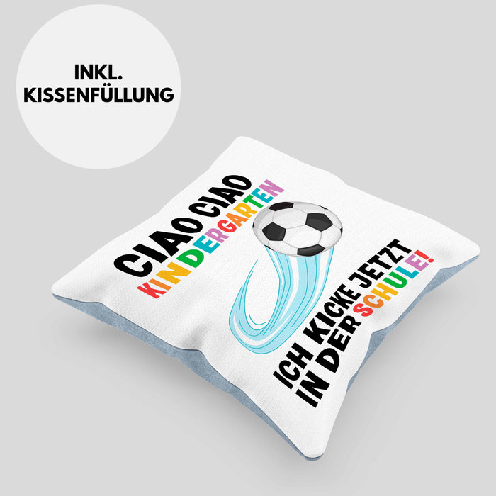 Einschulung Junge Fußball Schulkind Geschenk für Schultüte Füllung Kissen mit Füllung 40x40 Schulstart 1. Schultag Schuleinführung Schulanfang Geschenkidee 2024 (Grau) Blau Trendation
