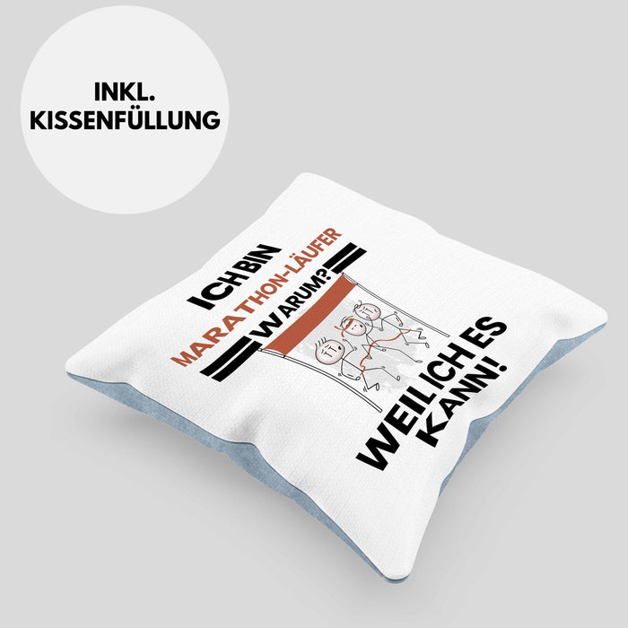 Marathonläufer Geschenk Kissen mit Füllung 40x40 Lustiger Spruch Ich Bin Marathonläufer Warum Weil Ich Es Kann Geschenkidee Bester Marathonläufer Geburtstag (Grau) Blau Trendation