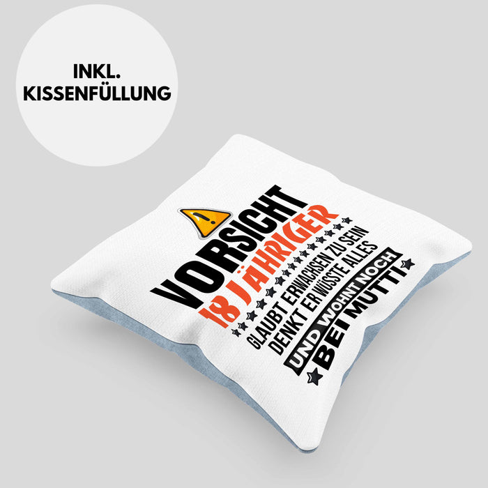 18. Geburtstag Kissen mit Füllung 40x40 Geschenk Jungs Männer Vorsicht 18 Jähriger Glaubt Erwachsen Zu Sein Wohnt Noch Bei Mutti (Grau) Blau Trendation