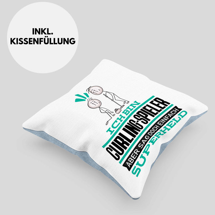Curling-Spieler Geschenk Kissen mit Füllung 40x40 Ich Bin Curling-Spieler Aber Sag Doch Einfach Superheld Lustige Geschenkdiee für Curling-Spieler (Grau) Blau Trendation