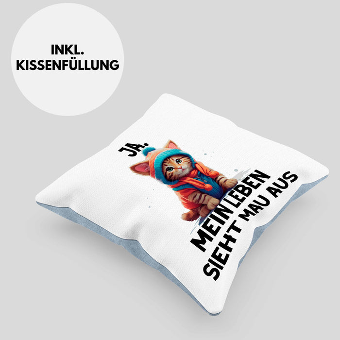 Dank Meme Kissen mit Füllung 40x40 Katzen Besitzer Wortspiel Ja Mein Leben Sieht Mau Aus Traurige Katze Geschenkidee Süße Katze (Grau) Blau Trendation