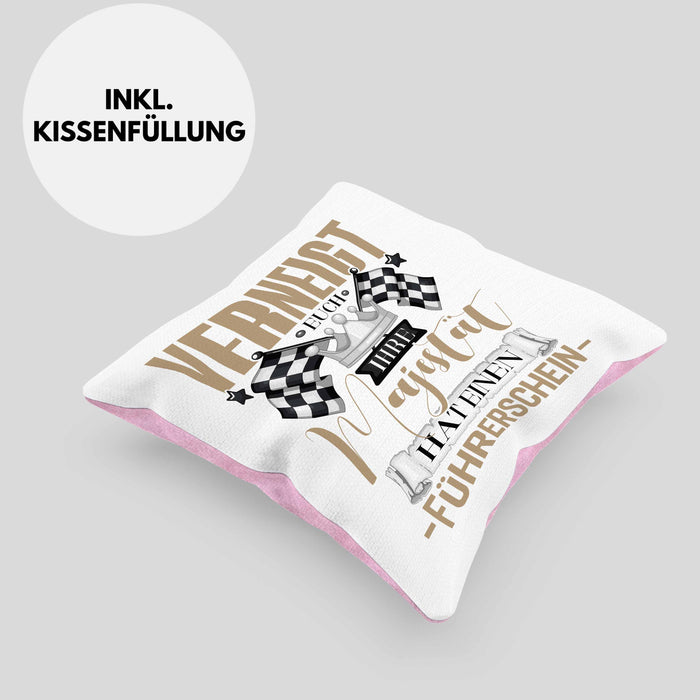 Führerschein Bestanden Geschenk Kissen mit Füllung 40x40 Bestandener Führerschein Verneigt Euch Ihre Majestät Hat Einen Führerschein Fahrschule (Grau) Rosa Trendation