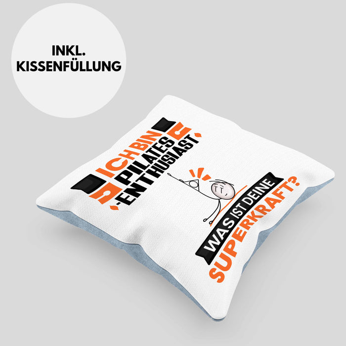 Pilates-Enthusiast Kissen mit Füllung 40x40 Geschenk für Pilates-Enthusiast Geburtstag Lustiger Spruch Was Ist Deine Superkraft (Grau) Blau Trendation