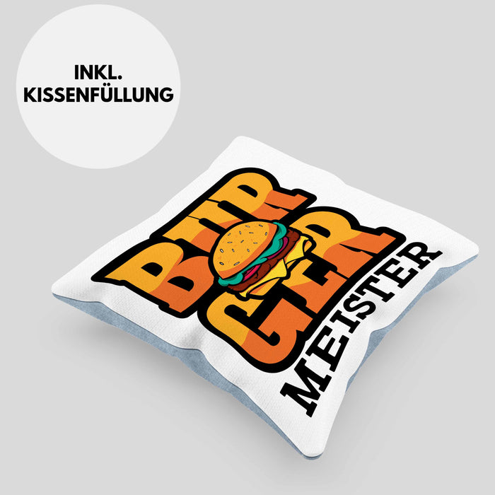 Burger Meister Kissen mit Füllung 40x40 Geschenk Spruch Grillen Sommer Burger Liebhaber Geschenkidee Cheeseburger (Grau) Blau Trendation