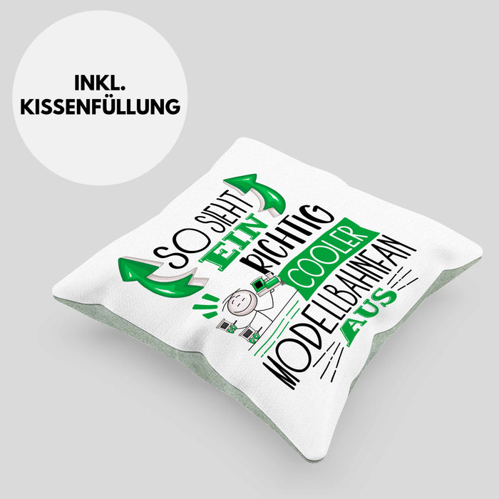 Modellbahnfan Kissen mit Füllung 40x40 So Sieht Ein Richtig Cooler Modellbahnfan Aus Geschenk Lustiger Spruch Geschenkidee (Grau) Grün Trendation