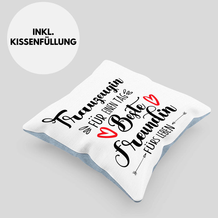 Trauzeugin Kissen mit Füllung 40x40 Geschenk Beste Freundin Überraschung Beste Trauzeugin Spruch Geschenkidee (Grau) Blau Trendation