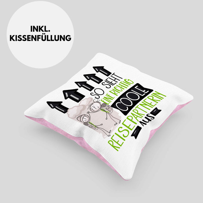 Reisepartnerin Geschenk Kissen mit Füllung 40x40 Lustig Geschenkidee für Reisepartnerin Geburtstag So Sieht Eine Richtig Coole Reisepartnerin Aus Frauen Spruch (Grau) Rosa Trendation