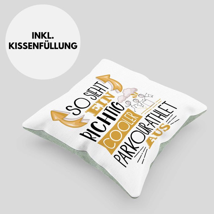 Parkour-Athlet Kissen mit Füllung 40x40 Geschenk So Sieht Ein Richtig Cooler Parkour-Athlet Aus Geschenkidee Spruch Lustig (Grau) Grün Trendation