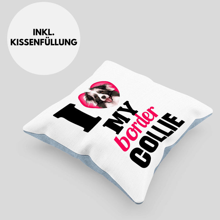 Border Collies Besitzerin Kissen mit Füllung 40x40 Geschenk Lustiger Spruch Geschenkidee I Love My Border Collies (Grau) Blau Trendation