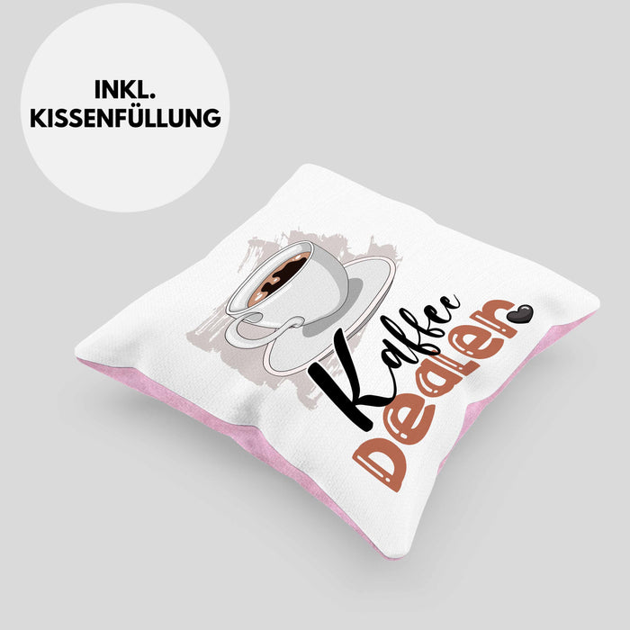 Kaffee Dealer Kissen mit Füllung 40x40 Geschenk für Barista Geburtstag Spruch Geschenkidee Kaffeeverkäufer (Grau) Rosa Trendation