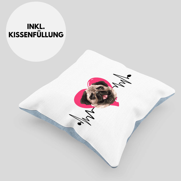 Mops Besitzer Kissen mit Füllung 40x40 Geschenk Lustiger Spruch Geschenkidee Herzschlag Mops (Grau) Blau Trendation