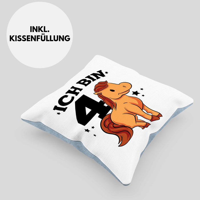 Lustige Kissen mit Füllung 40x40 4. Geburtstag für Mädchen Pferde-Motiv Pferdefans Reiterin (Grau) Blau Trendation
