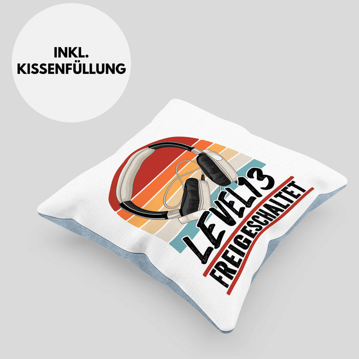 13. Geburtstag Kissen mit Füllung 40x40 Jungs Gaming Official Teenager 13er Geburtstag Geschenkidee Level 13 Freigeschaltet (Grau) Blau Trendation