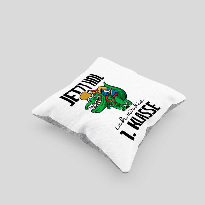 Kissen mit Füllung 40x40 Einschulung Dino T-rex Motiv Geschenk für Jungs in der 1. Klasse Schulstart (Grau) Grau Trendation