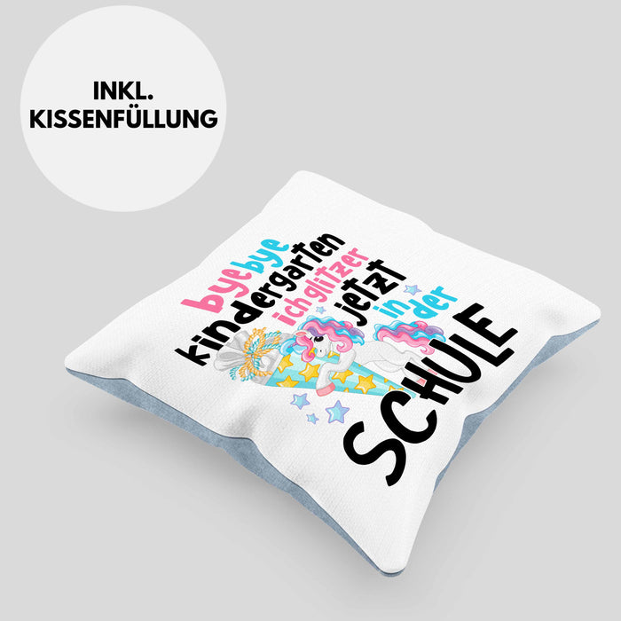 Bye Bye Kindergarten Einschulung Mädchen Geschenk Kissen mit Füllung 40x40 Schulstart 1. Schultag Schuleinführung Schulanfang Geschenkidee 2024 Schulkind Ich Glitzer Jetzt In Der Schule (Grau) Blau Trendation