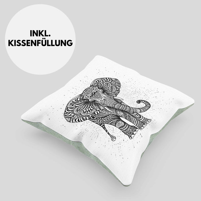 Elefant Kissen mit Füllung 40x40 Geschenk Für Elefanten-Liebhaber Geschenkidee Grafik Mandala (Grau) Grün Trendation