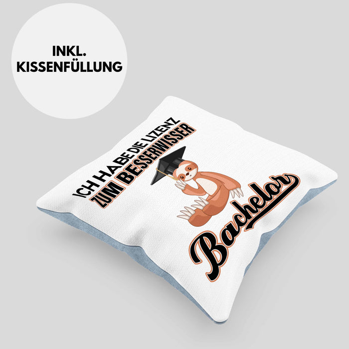 Bachelor Geschenk Abschluss Kissen mit Füllung 40x40 Spruch Master Abitur Abi Graduation Bestanden Prüfung Lizenz zum Besserwisser (Grau) Blau Trendation