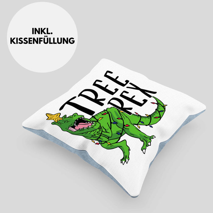 Tree Rex Kissen mit Füllung 40x40 Geschenk T-Rex Geschenkidee Jungs Weihnachten Dinosaurier Xmas (Grau) Blau Trendation