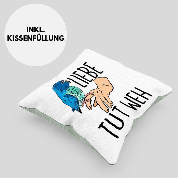Lustige Wellensittich-Kissen mit Füllung 40x40 Geschenk für Wellensittich-Besitzer Liebe Tut Weh (Grau) Grün Trendation