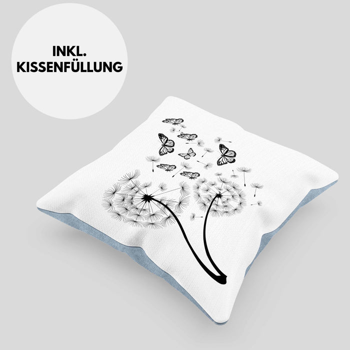 Schmetterling Kissen mit Füllung 40x40 Grafik Geschenkidee Pusteblume (Grau) Blau Trendation