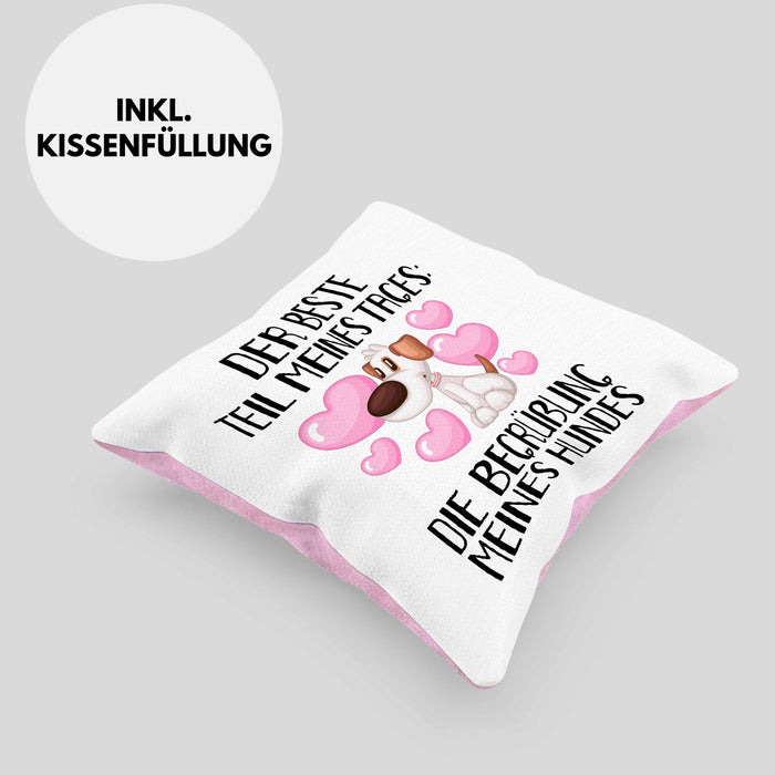 Hundebesitzer Kissen mit Füllung 40x40 Geschenk Bester Teil Des Tages Die Begrüßung Meines Hundes Geschenkidee Hunde Mama Frauchen Herrchen (Grau) Rosa Trendation