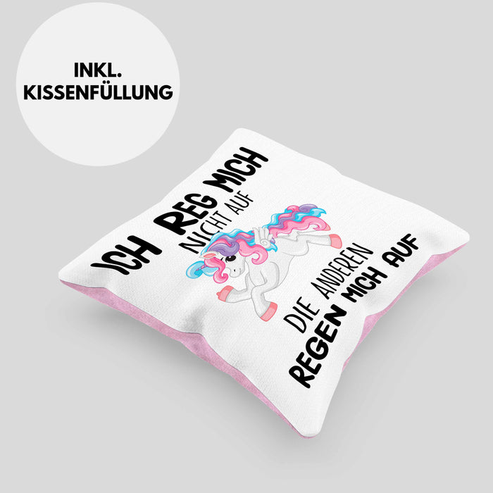 Lustige Ich Reg Mich Nicht Auf Kissen mit Füllung 40x40 Mit Spruch Einhorn Geschenk Mama Freundin Kollegin Geschenkidee Arbeit Frauen (Grau) Rosa Trendation