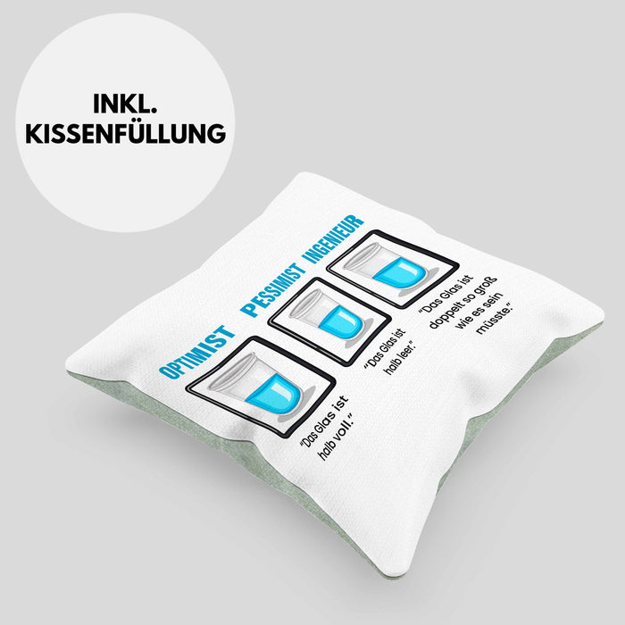 Ingenieur Kissen mit Füllung 40x40 Geschenk Spruch Geschenkidee für Ingenieure Das Glas Ist Doppelt So Groß Wie Es Sein Muss (Grau) Grün Trendation