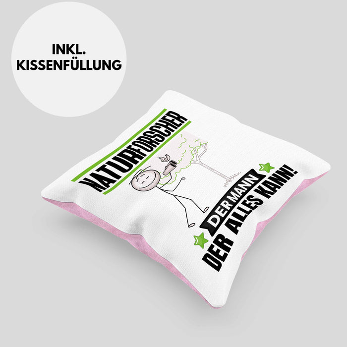 Naturforscher Kissen mit Füllung 40x40 Geschenk für Naturforscher Der Mann Der Alles Kann Geschenkidee zum Geburtstag (Grau) Rosa Trendation