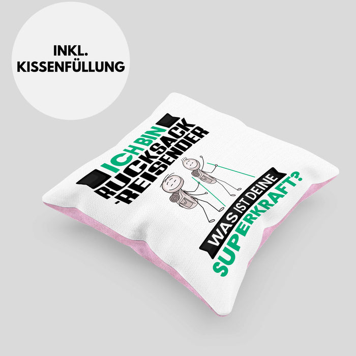 Rucksackreisender Kissen mit Füllung 40x40 Geschenk für Rucksackreisender Geburtstag Lustiger Spruch Was Ist Deine Superkraft (Grau) Rosa Trendation