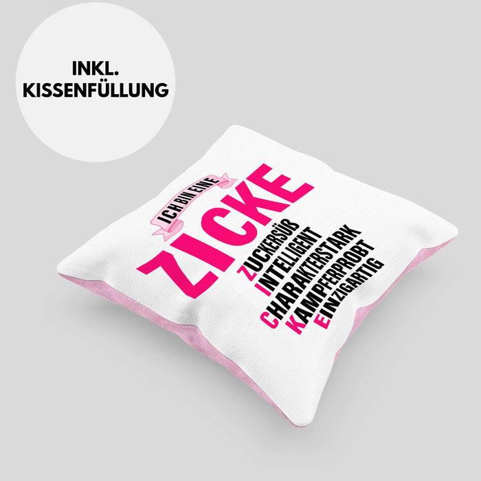 Zicke Kissen mit Füllung 40x40 Geschenk für Frauen Frau Lustig Pink (Grau) Rosa Trendation