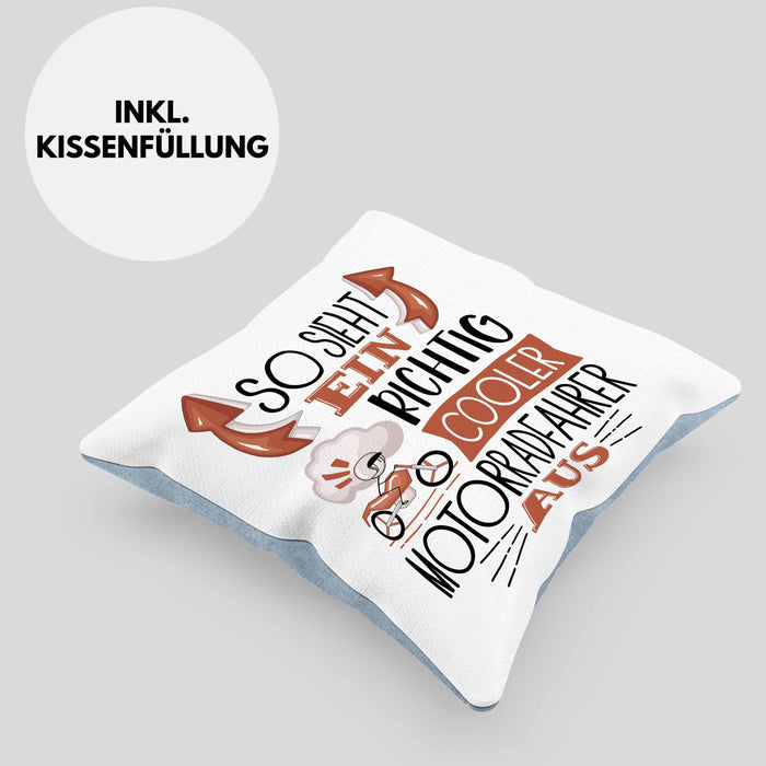 Motorradfahrer Kissen mit Füllung 40x40 Geschenk So Sieht Ein RIchtig Cooler Motorradfahrer Aus Geschenkidee Lustiger Spruch Geburtstag (Grau) Blau Trendation
