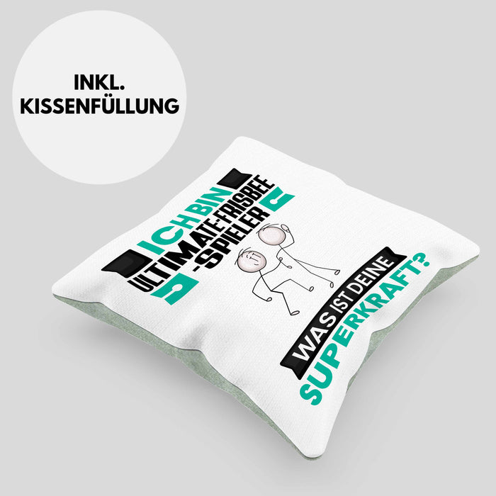 Ultimate-Frisbee-Spieler Kissen mit Füllung 40x40 Geschenk für Ultimate-Frisbee-Spieler Geburtstag Lustiger Spruch Was Ist Deine Superkraft (Grau) Grün Trendation