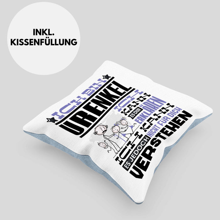Urenkel Geschenk Kaffee-Kissen mit Füllung 40x40 Geschenkidee für Urenkel Ich Bin Urenkel Ich Kann Es Dir Erklären Jedoch Nicht Für Dich Verstehen Spruch Lustig (Grau) Blau Trendation