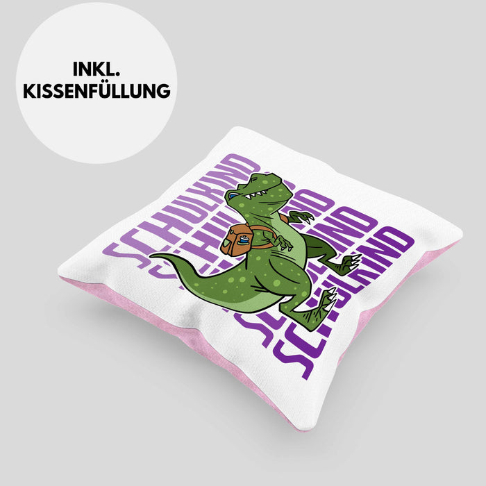 Einschulung Kissen mit Füllung 40x40 Geschenk Jungs Erster Schultag: Lustige T-Rex Dino Kissen mit Füllung 40x40 für Schulkind (Grau) Rosa Trendation
