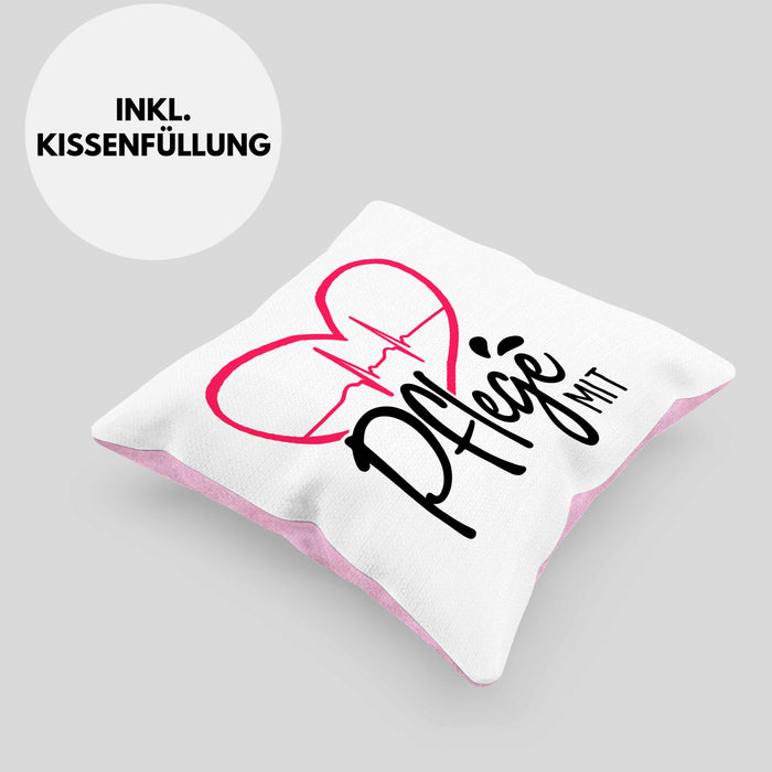Geschenkidee Pfleger Kissen mit Füllung 40x40 "Pflege mit Herz" Grafik Pfleger Geschenk (Grau) Rosa Trendation