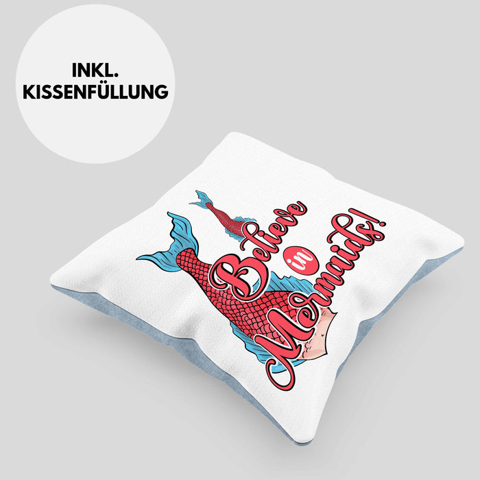 Meerjungfrau Geschenk Kissen mit Füllung 40x40 für Mädchen Nymphe Nixe Grafik Believe In Mermaids (Grau) Blau Trendation