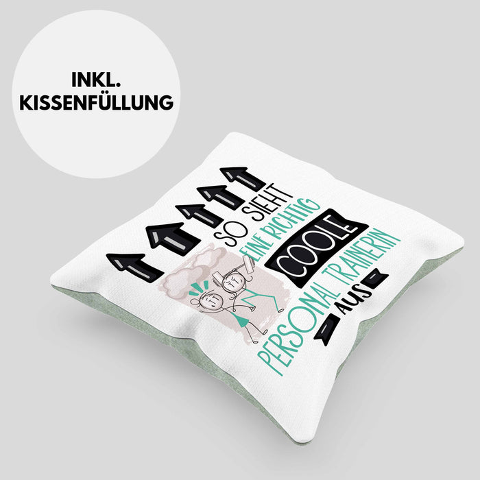 Personal Trainerin Geschenk Kissen mit Füllung 40x40 Lustig Geschenkidee für Personal Trainerin Geburtstag So Sieht Eine Richtig Coole Personal Trainerin Aus Frauen Spruch (Grau) Grün Trendation