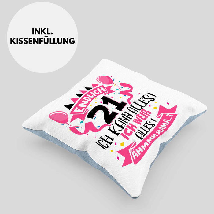 21. Geburtstag Geschenk Kissen mit Füllung 40x40 Frauen Mädchen Geschenkidee Endlich 21 Ich Kann Alles Ich Weiß Alles Ähm Mama (Grau) Blau Trendation