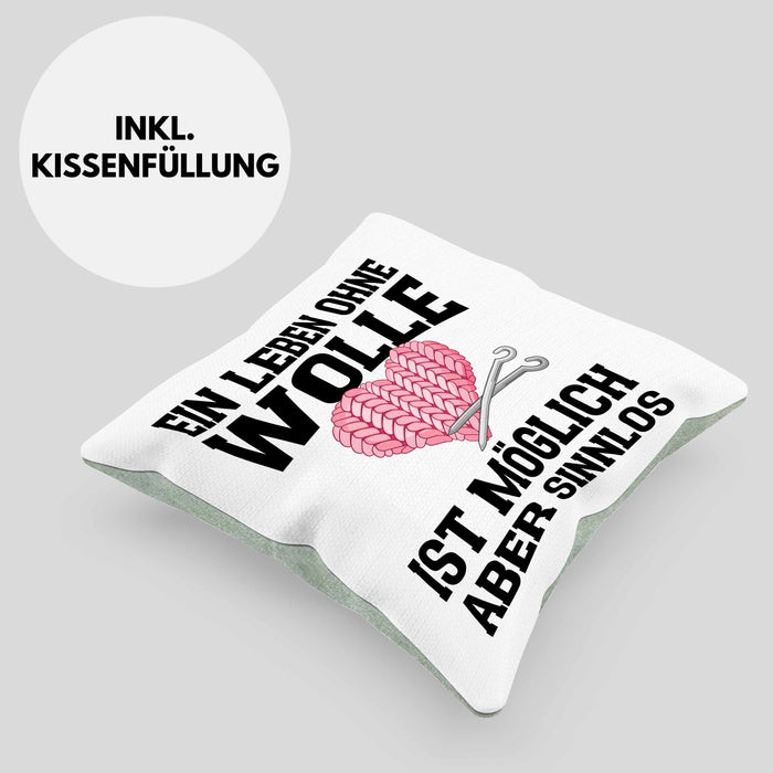 Häkeln Zubehör Kissen mit Füllung 40x40 Geschenk Stricken Geschenke Häkel Oma Mama Ein Leben Ohne Wolle (Grau) Grün Trendation